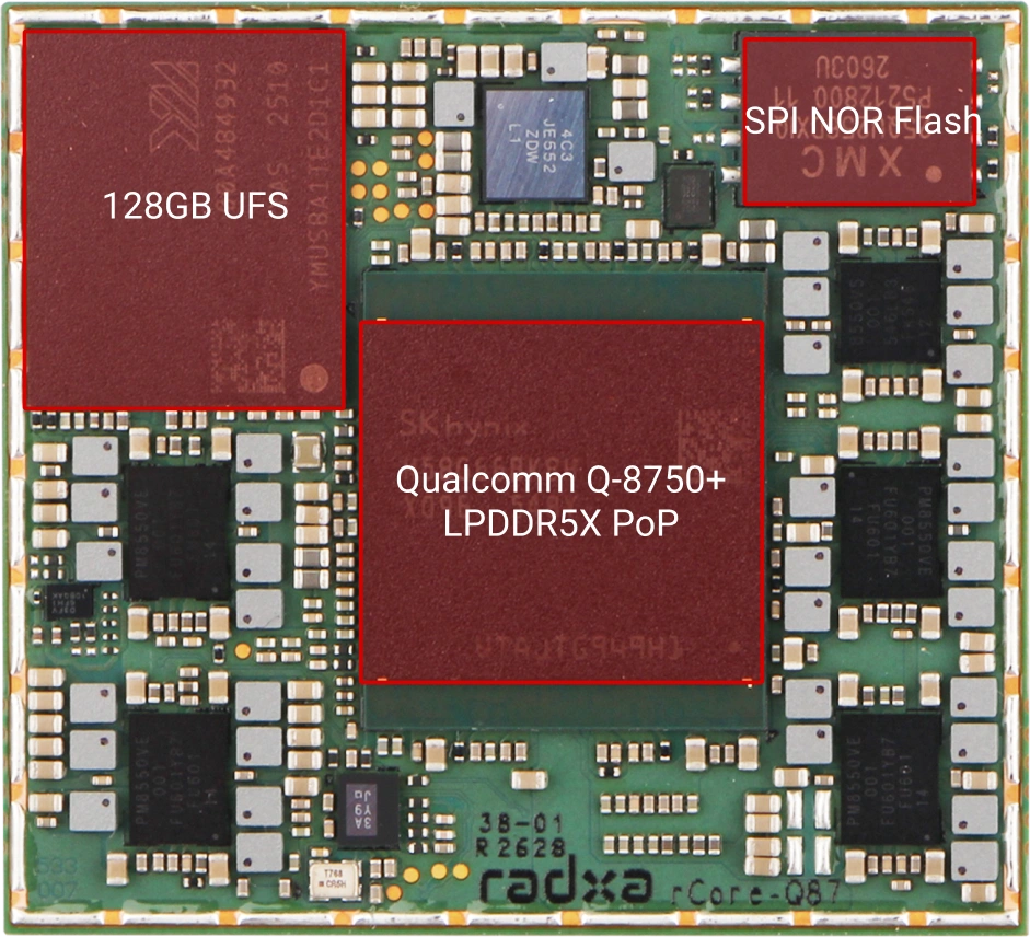 Qualcomm Q-8750 with LPDDR5X PoP, 128GB UFS and SPI NOR Flash locations